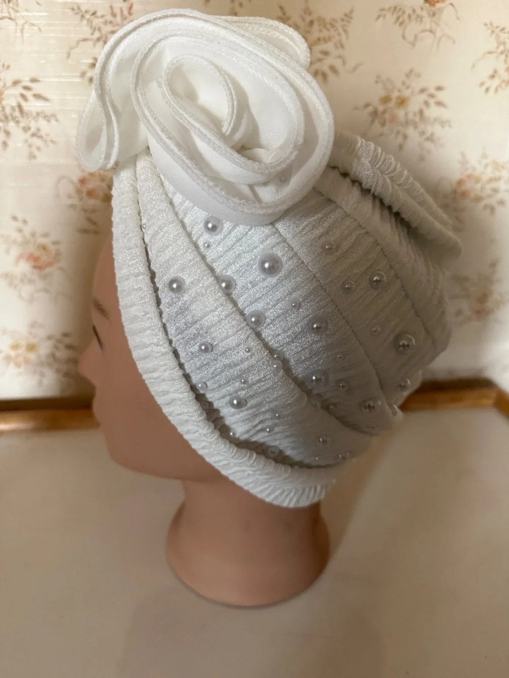 Beautiful white stretch women's turban with organza rosettes